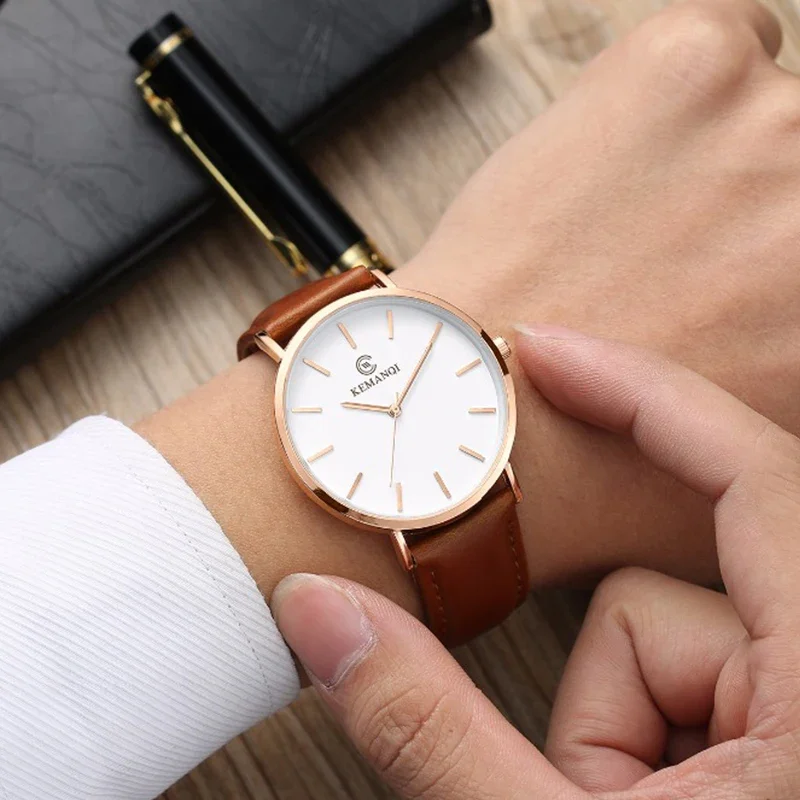 Leather Watch Band Men - ساعة يد رجالية كوارتز رفيعة للغاية
