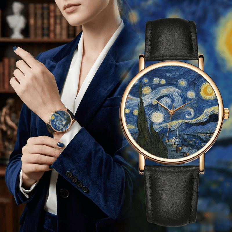 Leather Watch Band Men - ساعات يد بتصميم لوحة فان جوخ
